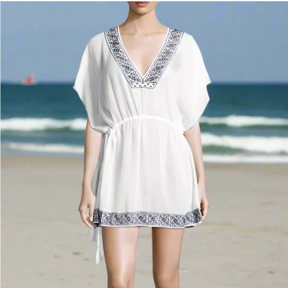 Joie Tunic Beach Dress Coverup M/L White V-Neck Blue Embroidered Cotton Summer - Picture 1 of 11